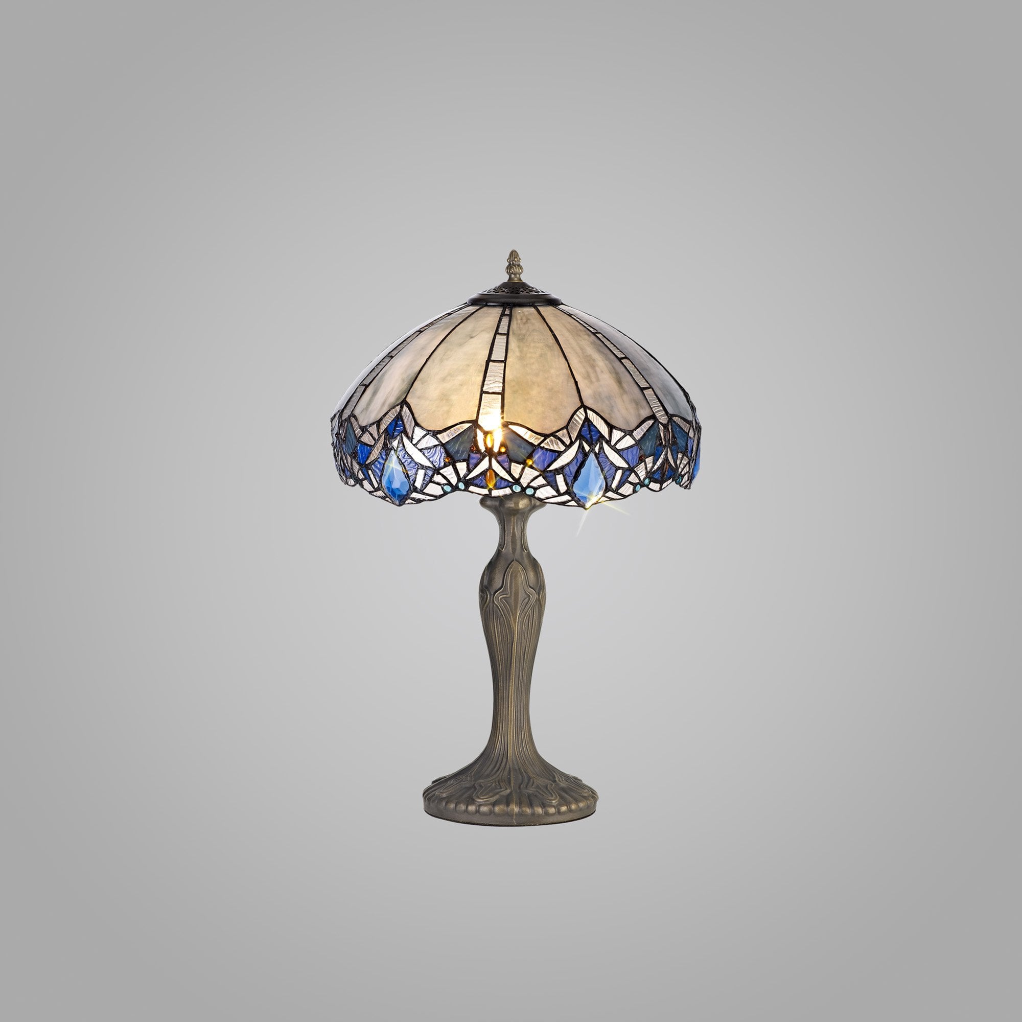 NLK01549 Ossie 2 Light Curved Table Lamp With 40cm Tiffany Shade Blue/Clear Crystal/Aged Antique Brass