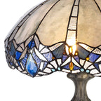 NLK01549 Ossie 2 Light Curved Table Lamp With 40cm Tiffany Shade Blue/Clear Crystal/Aged Antique Brass