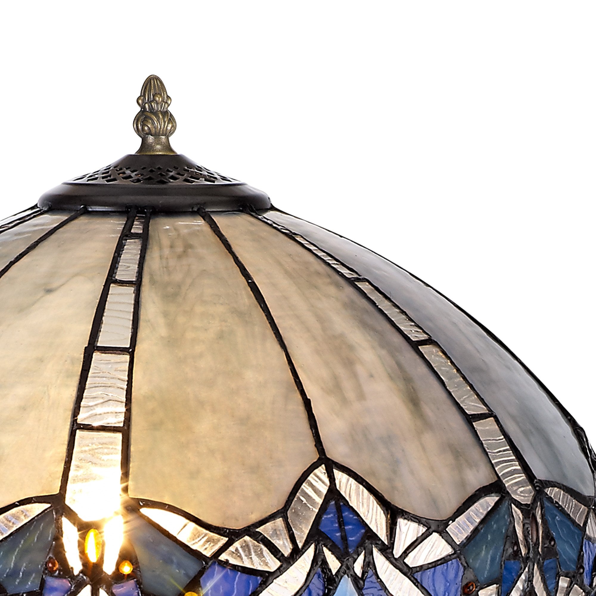 NLK01549 Ossie 2 Light Curved Table Lamp With 40cm Tiffany Shade Blue/Clear Crystal/Aged Antique Brass