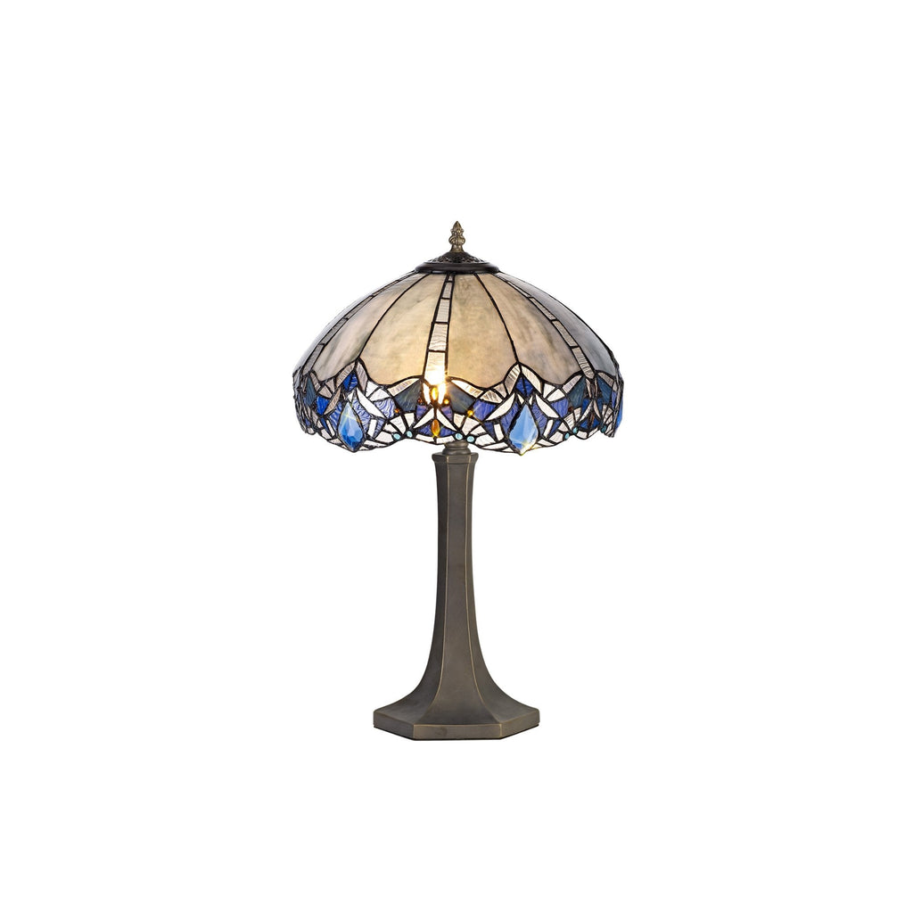 NLK01559 Ossie 2 Light Octagonal Table Lamp With 40cm Tiffany Shade Blue/Clear Crystal/Aged Antique Brass
