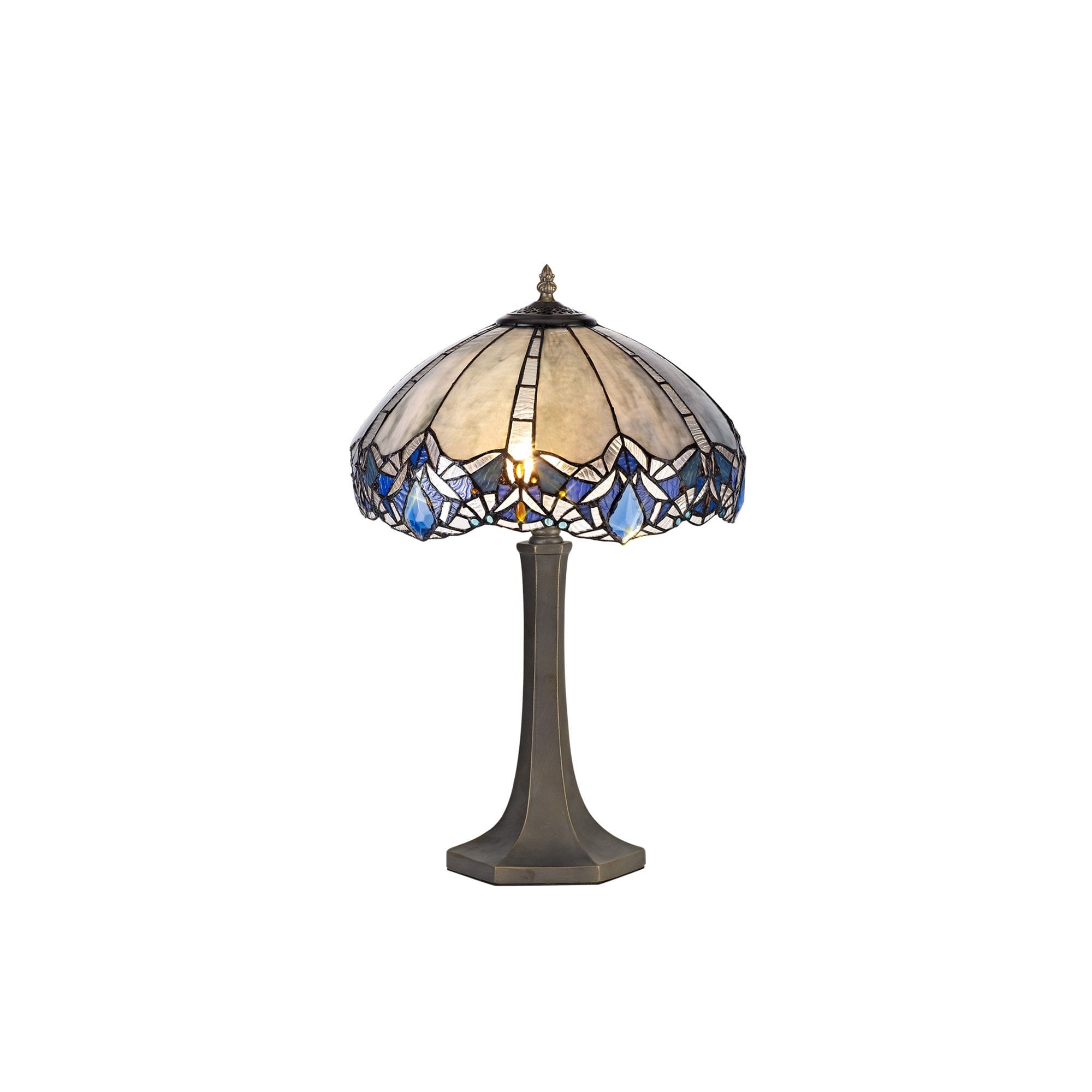NLK01559 Ossie 2 Light Octagonal Table Lamp With 40cm Tiffany Shade Blue/Clear Crystal/Aged Antique Brass