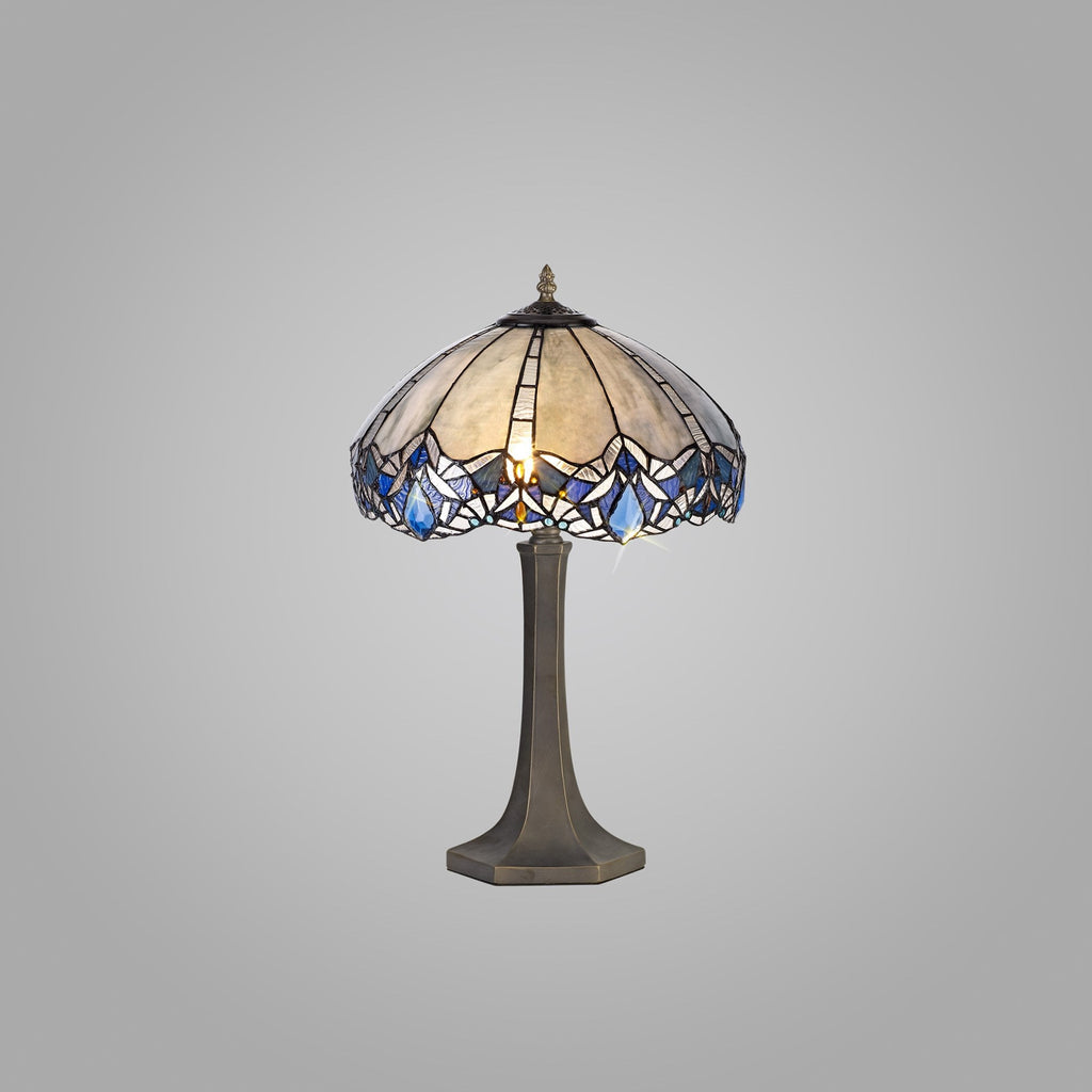 NLK01559 Ossie 2 Light Octagonal Table Lamp With 40cm Tiffany Shade Blue/Clear Crystal/Aged Antique Brass