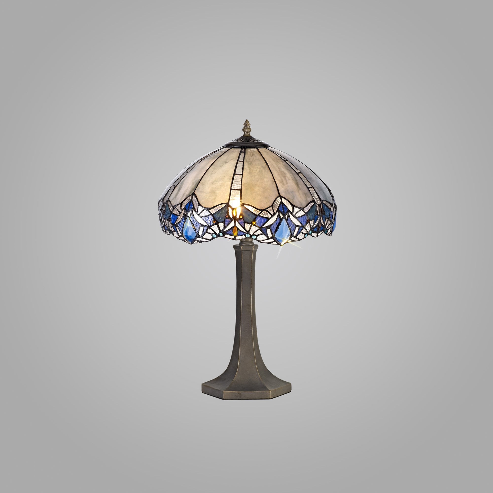 NLK01559 Ossie 2 Light Octagonal Table Lamp With 40cm Tiffany Shade Blue/Clear Crystal/Aged Antique Brass