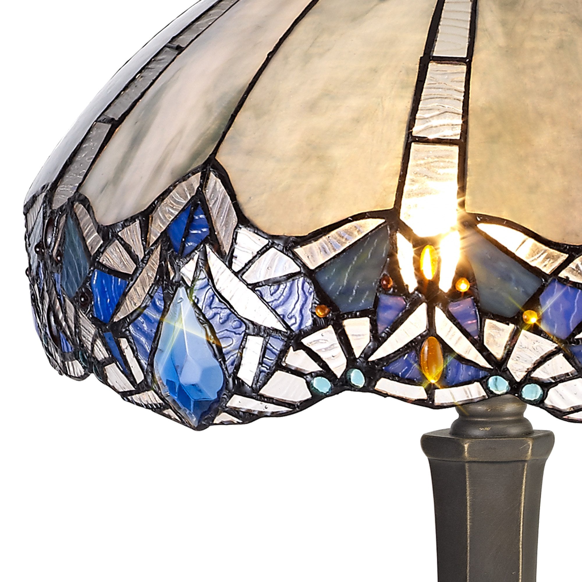 NLK01559 Ossie 2 Light Octagonal Table Lamp With 40cm Tiffany Shade Blue/Clear Crystal/Aged Antique Brass
