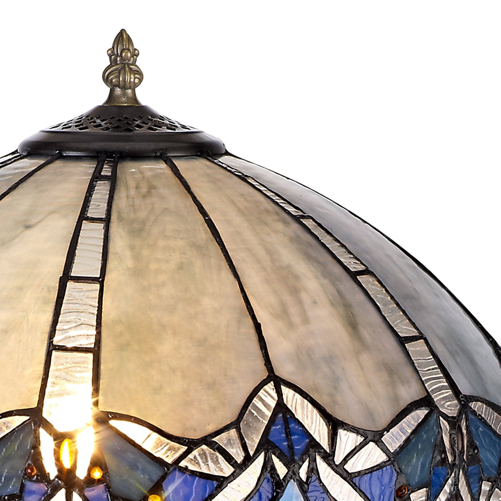 NLK01559 Ossie 2 Light Octagonal Table Lamp With 40cm Tiffany Shade Blue/Clear Crystal/Aged Antique Brass