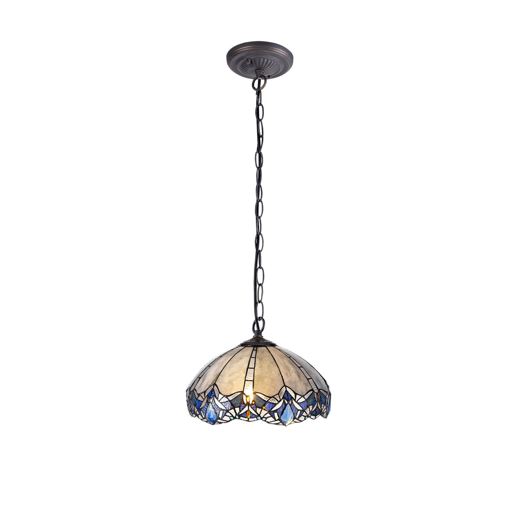 NLK01569 Ossie 1 Light Down Light Pendant With 40cm Tiffany Shade Blue/Clear Crystal/Aged Antique Brass
