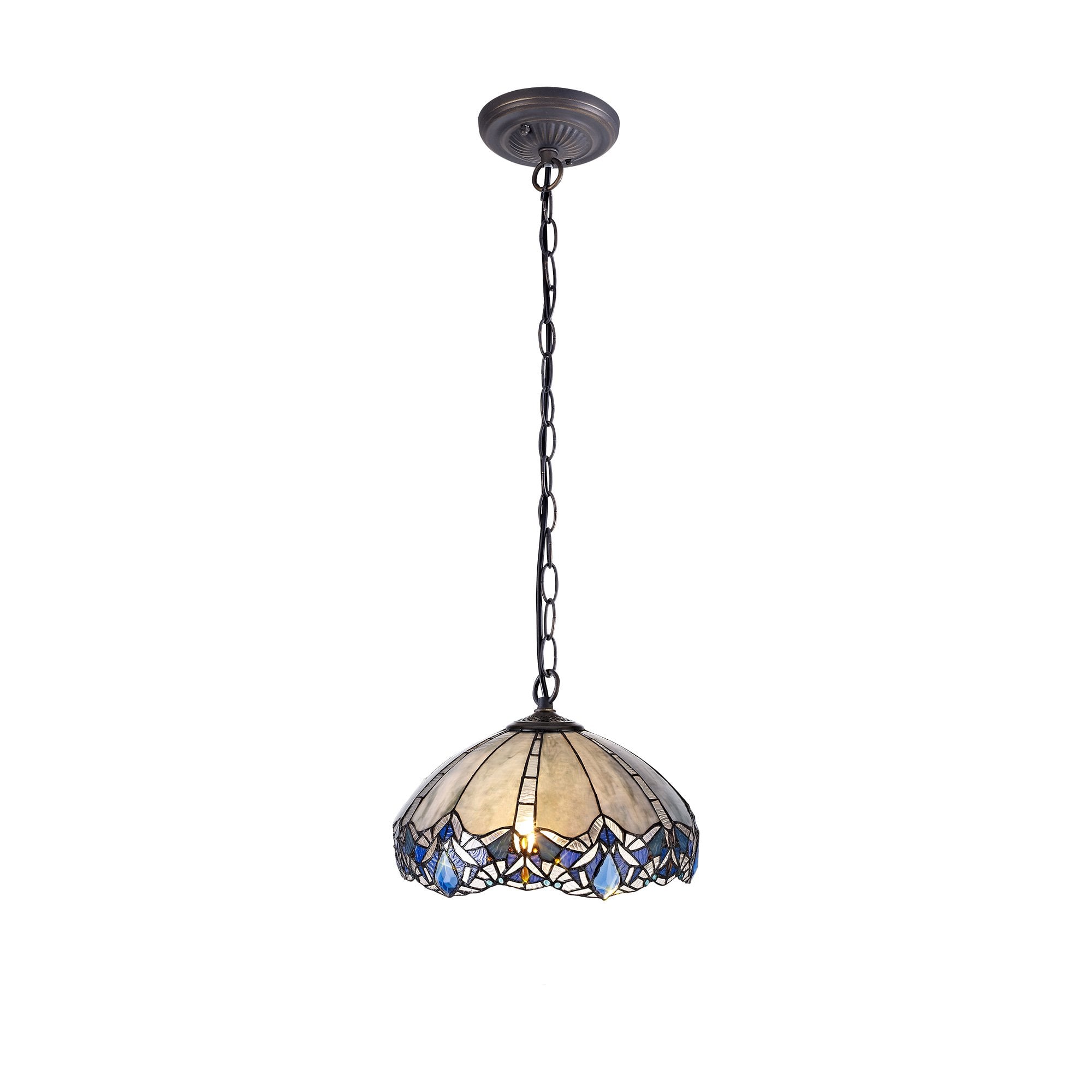 NLK01569 Ossie 1 Light Down Light Pendant With 40cm Tiffany Shade Blue/Clear Crystal/Aged Antique Brass