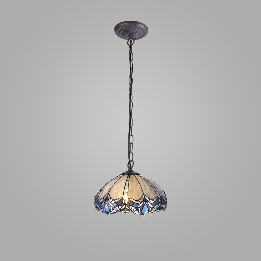 NLK01569 Ossie 1 Light Down Light Pendant With 40cm Tiffany Shade Blue/Clear Crystal/Aged Antique Brass