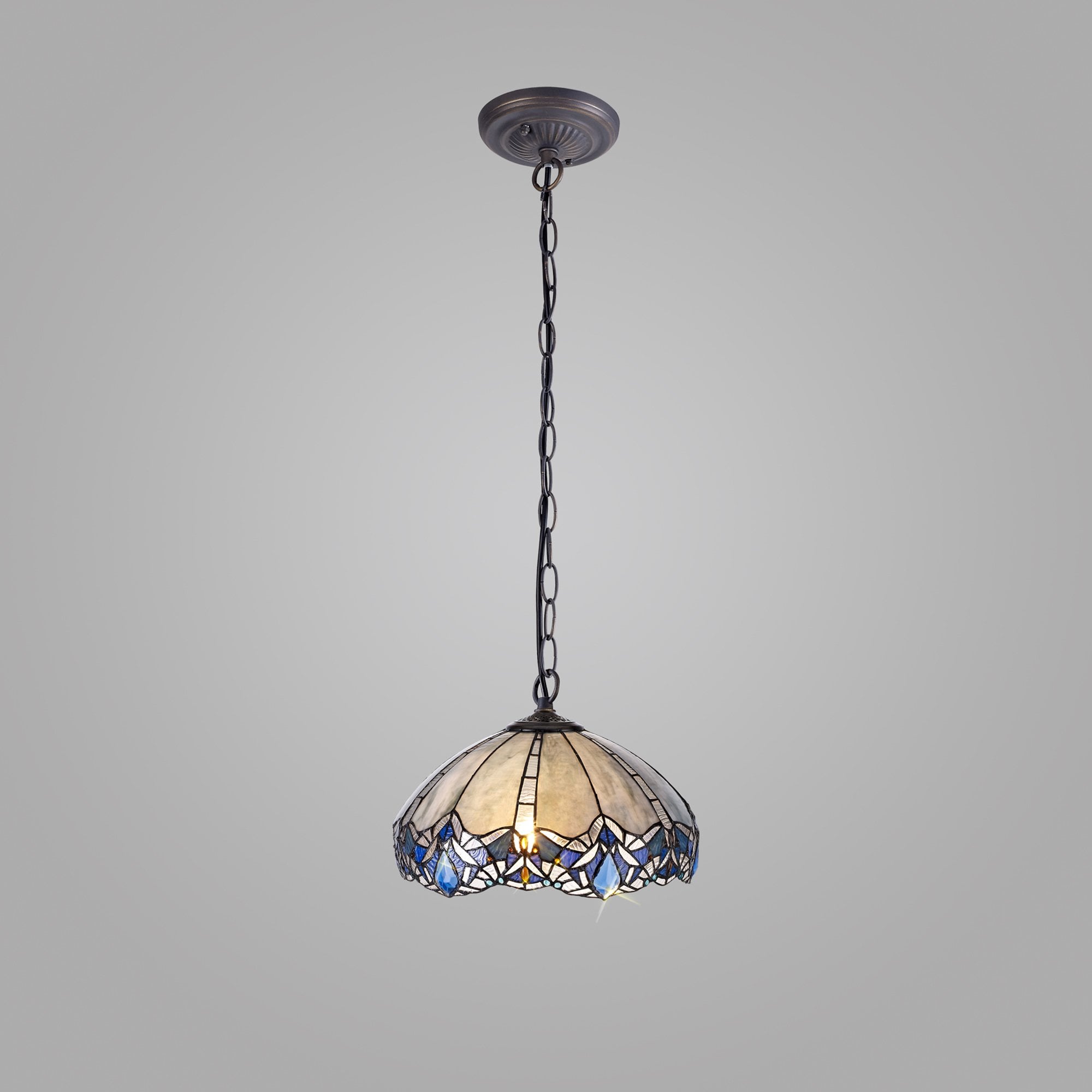 NLK01569 Ossie 1 Light Down Light Pendant With 40cm Tiffany Shade Blue/Clear Crystal/Aged Antique Brass