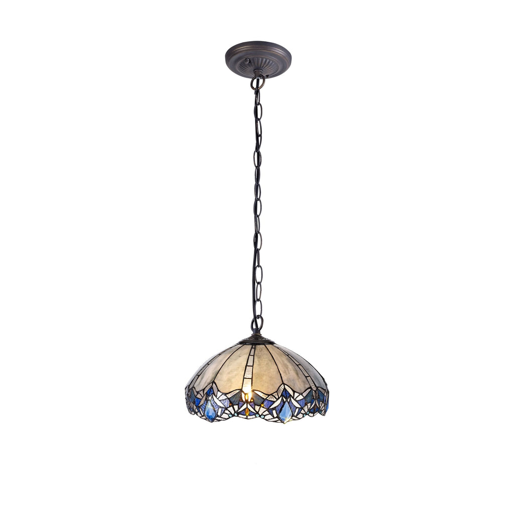 NLK01569 Ossie 1 Light Down Light Pendant With 40cm Tiffany Shade Blue/Clear Crystal/Aged Antique Brass