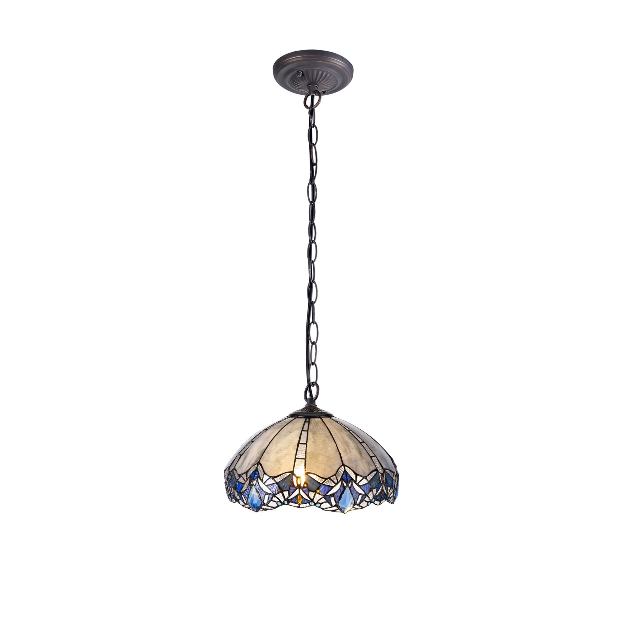 NLK01569 Ossie 1 Light Down Light Pendant With 40cm Tiffany Shade Blue/Clear Crystal/Aged Antique Brass