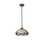 NLK01579 Ossie 2 Light Down Light Pendant With 40cm Tiffany Shade Blue/Clear Crystal/Aged Antique Brass