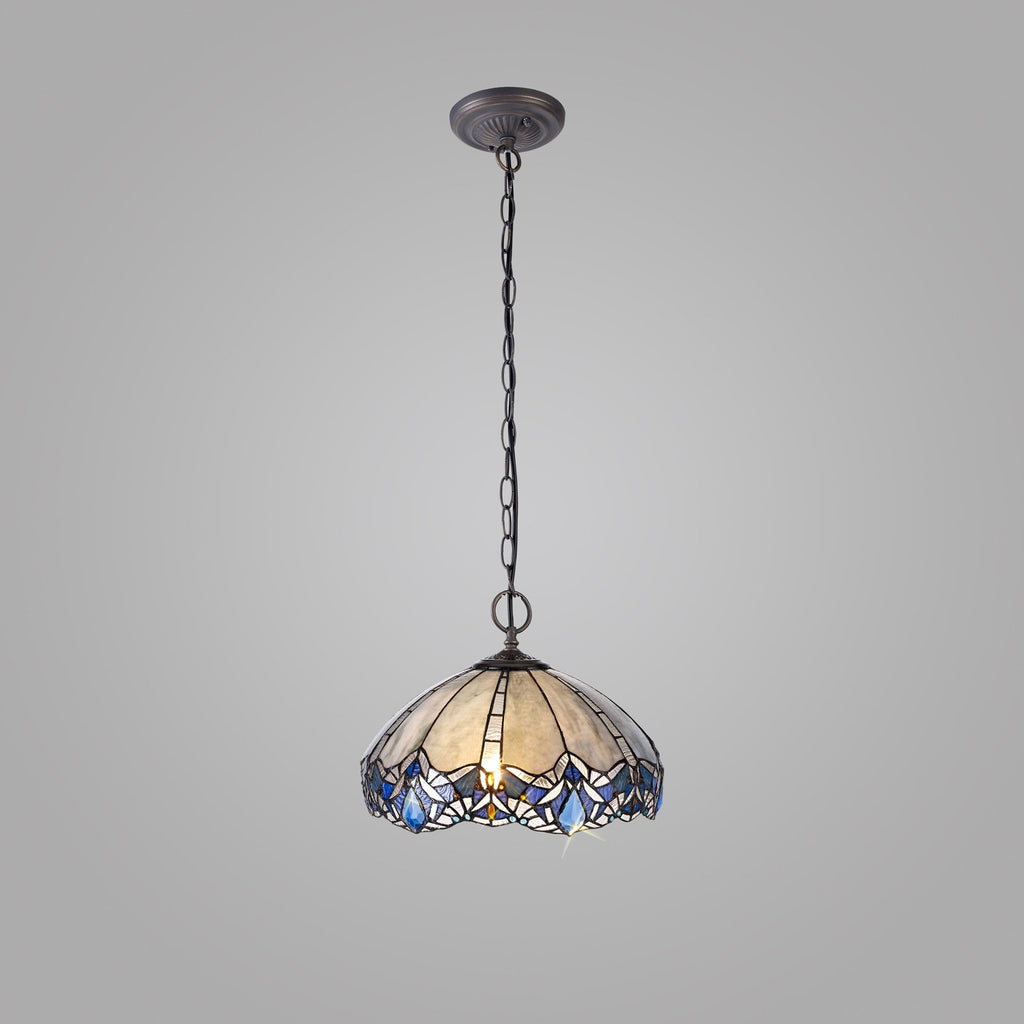 NLK01579 Ossie 2 Light Down Light Pendant With 40cm Tiffany Shade Blue/Clear Crystal/Aged Antique Brass