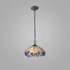 NLK01579 Ossie 2 Light Down Light Pendant With 40cm Tiffany Shade Blue/Clear Crystal/Aged Antique Brass