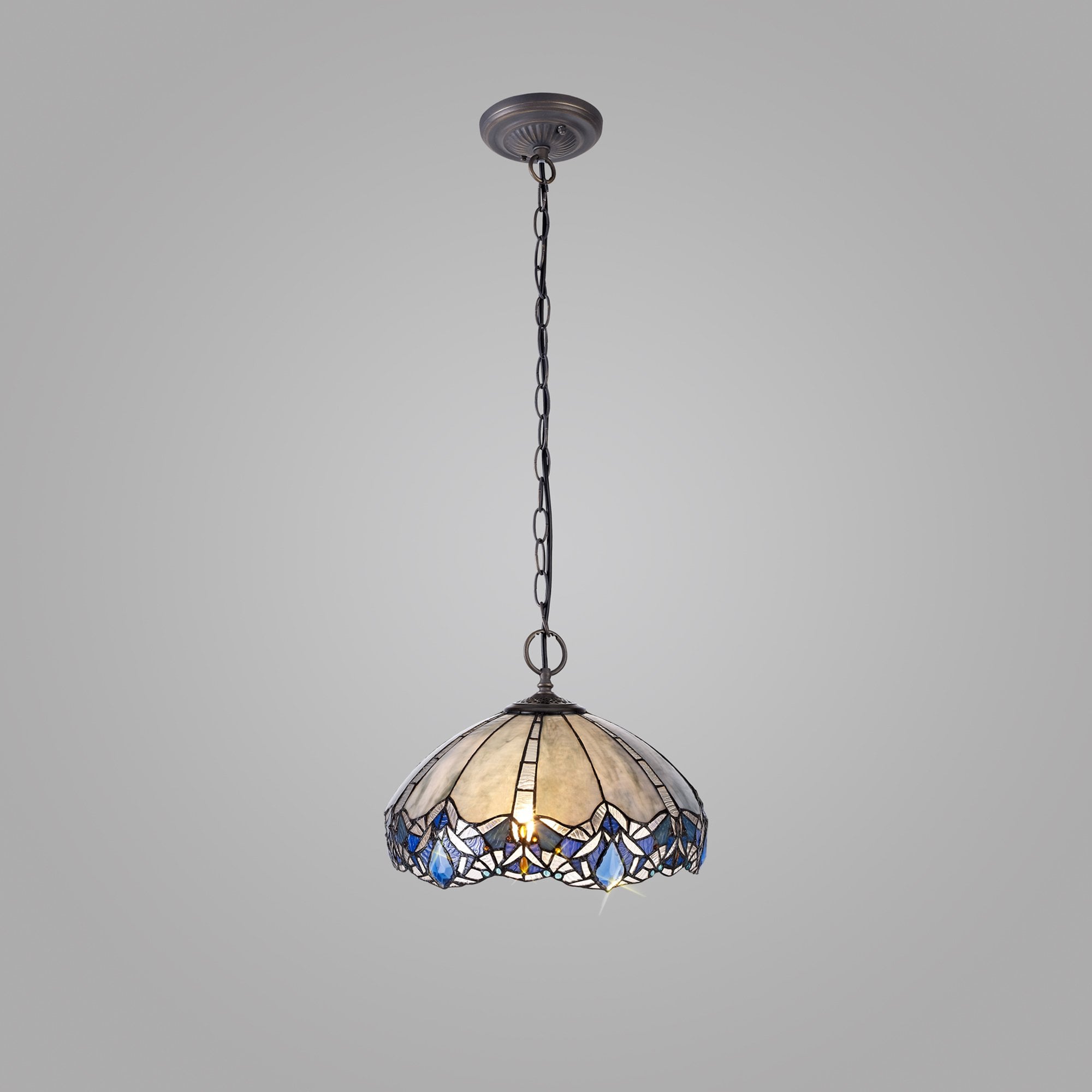 NLK01579 Ossie 2 Light Down Light Pendant With 40cm Tiffany Shade Blue/Clear Crystal/Aged Antique Brass