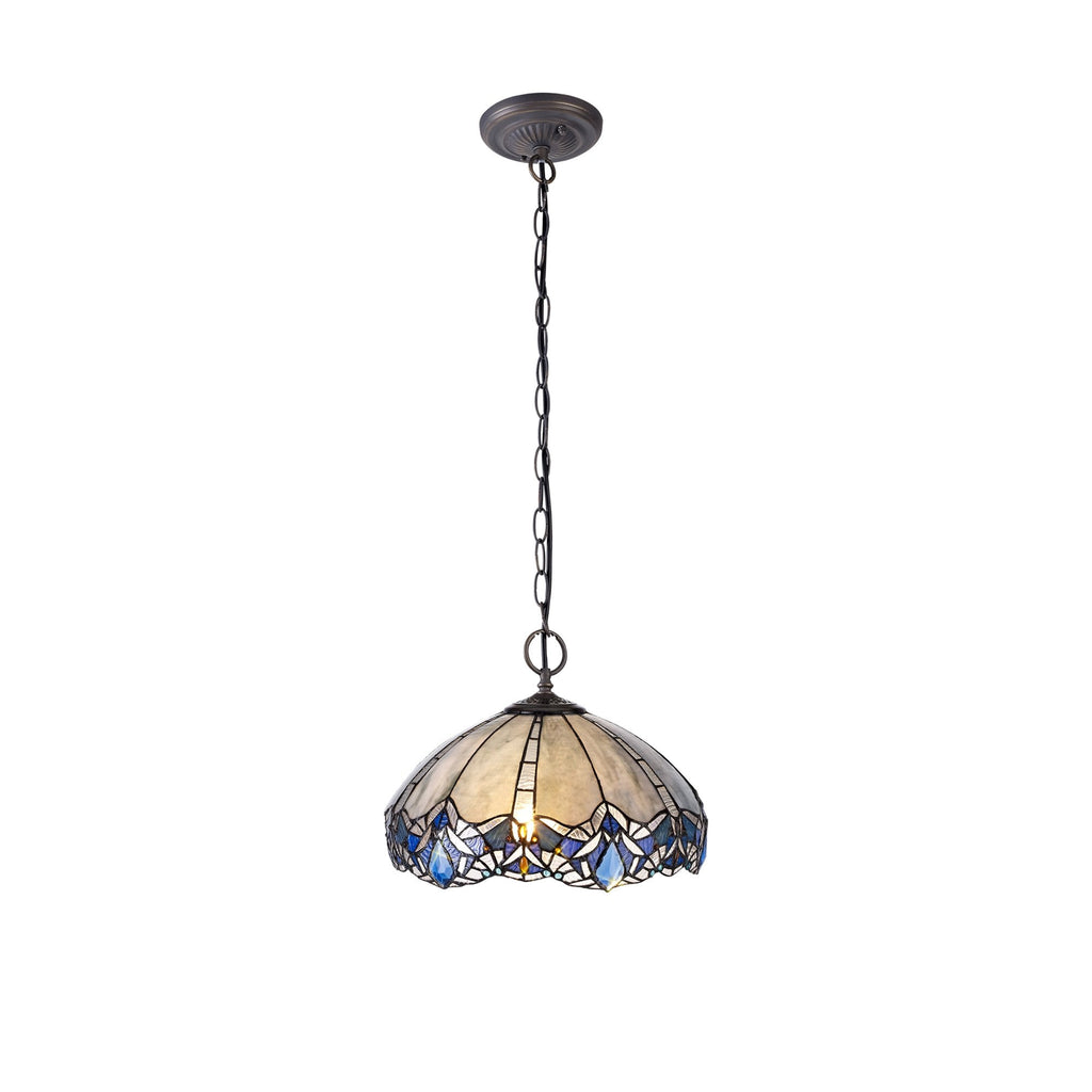 NLK01579 Ossie 2 Light Down Light Pendant With 40cm Tiffany Shade Blue/Clear Crystal/Aged Antique Brass