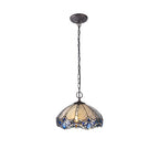 NLK01579 Ossie 2 Light Down Light Pendant With 40cm Tiffany Shade Blue/Clear Crystal/Aged Antique Brass