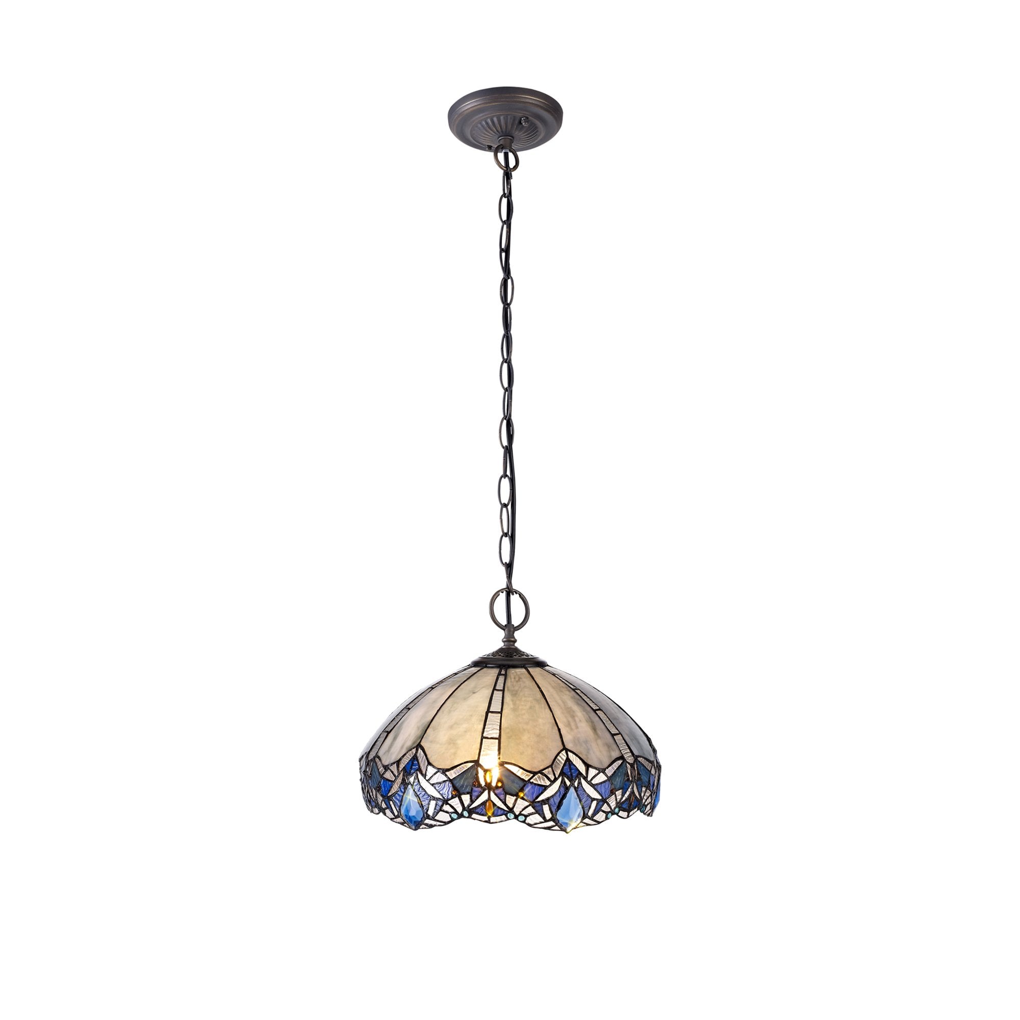 NLK01579 Ossie 2 Light Down Light Pendant With 40cm Tiffany Shade Blue/Clear Crystal/Aged Antique Brass