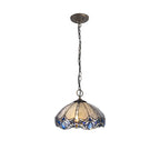 NLK01589 Ossie 3 Light Down Light Pendant With 40cm Tiffany Shade Blue/Clear Crystal/Aged Antique Brass