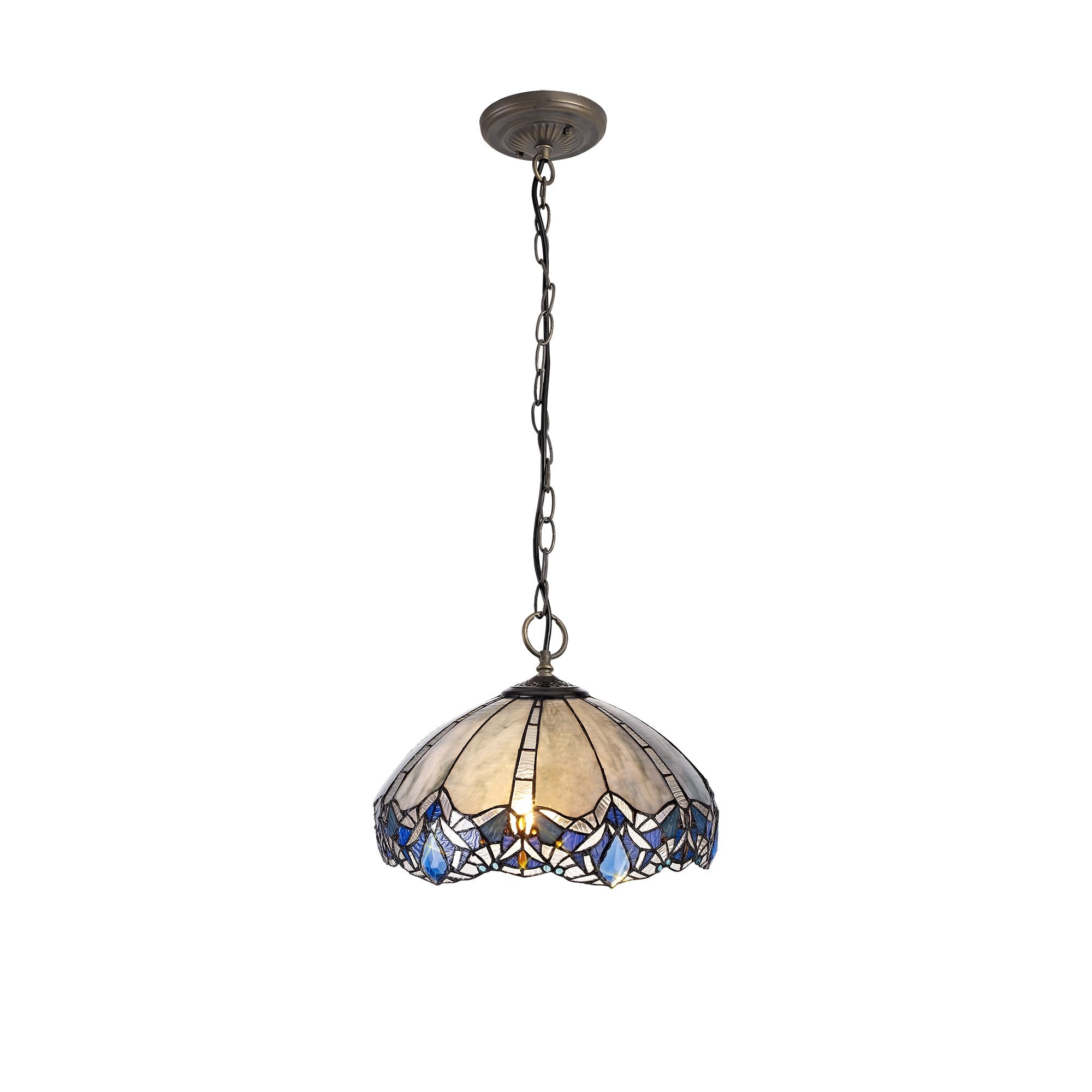 NLK01589 Ossie 3 Light Down Light Pendant With 40cm Tiffany Shade Blue/Clear Crystal/Aged Antique Brass