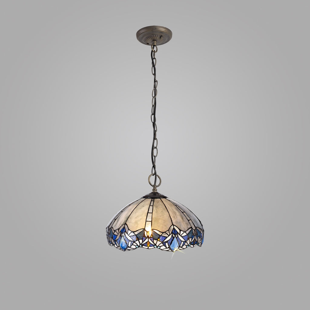 NLK01589 Ossie 3 Light Down Light Pendant With 40cm Tiffany Shade Blue/Clear Crystal/Aged Antique Brass