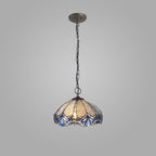 NLK01589 Ossie 3 Light Down Light Pendant With 40cm Tiffany Shade Blue/Clear Crystal/Aged Antique Brass