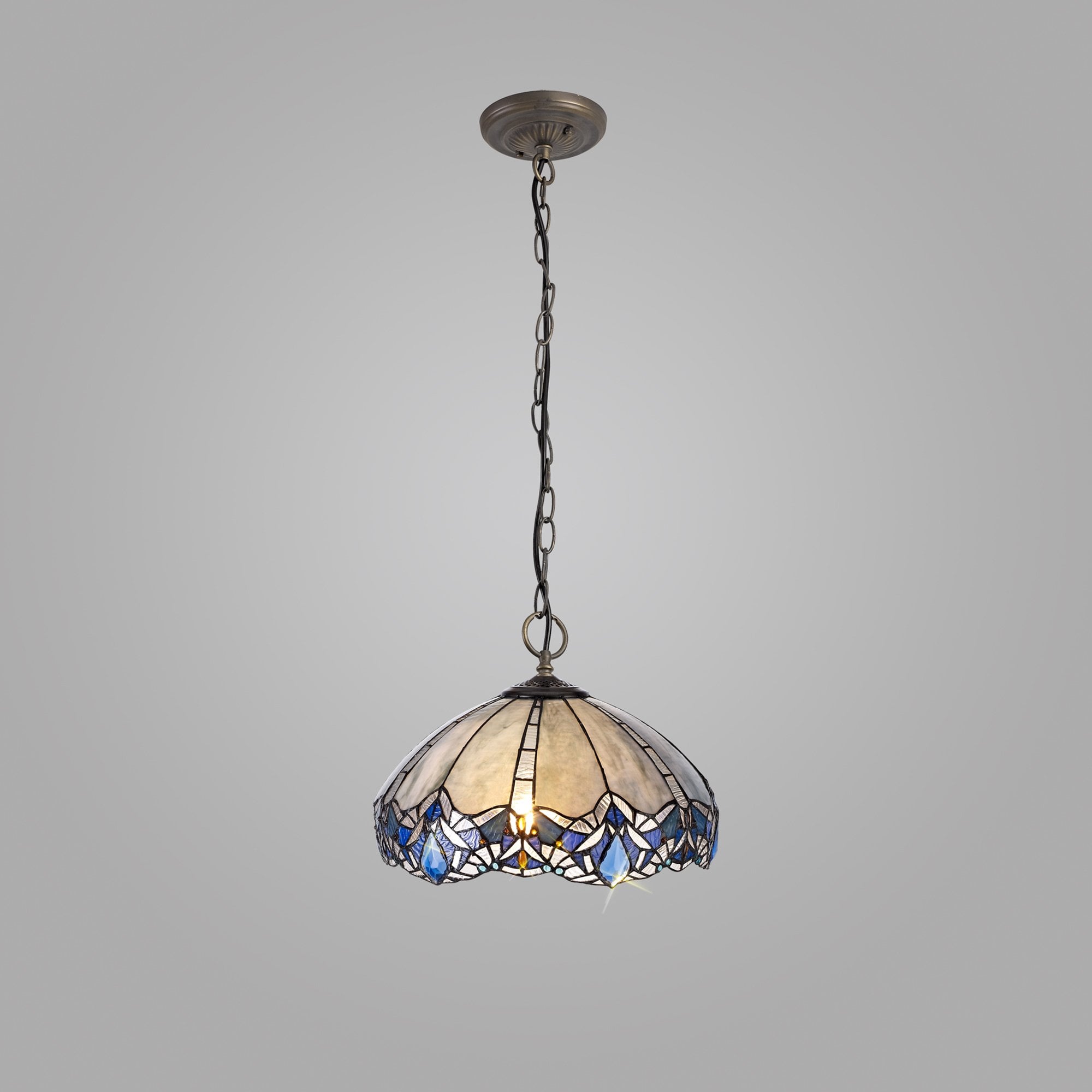 NLK01589 Ossie 3 Light Down Light Pendant With 40cm Tiffany Shade Blue/Clear Crystal/Aged Antique Brass