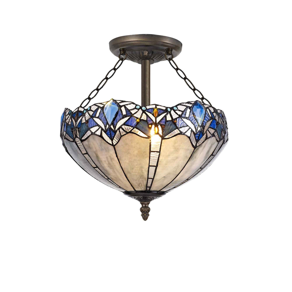 NLK01599 Ossie 3 Light Semi Ceiling With 40cm Tiffany Shade Blue/Clear Crystal/Aged Antique Brass