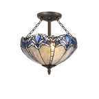NLK01599 Ossie 3 Light Semi Ceiling With 40cm Tiffany Shade Blue/Clear Crystal/Aged Antique Brass