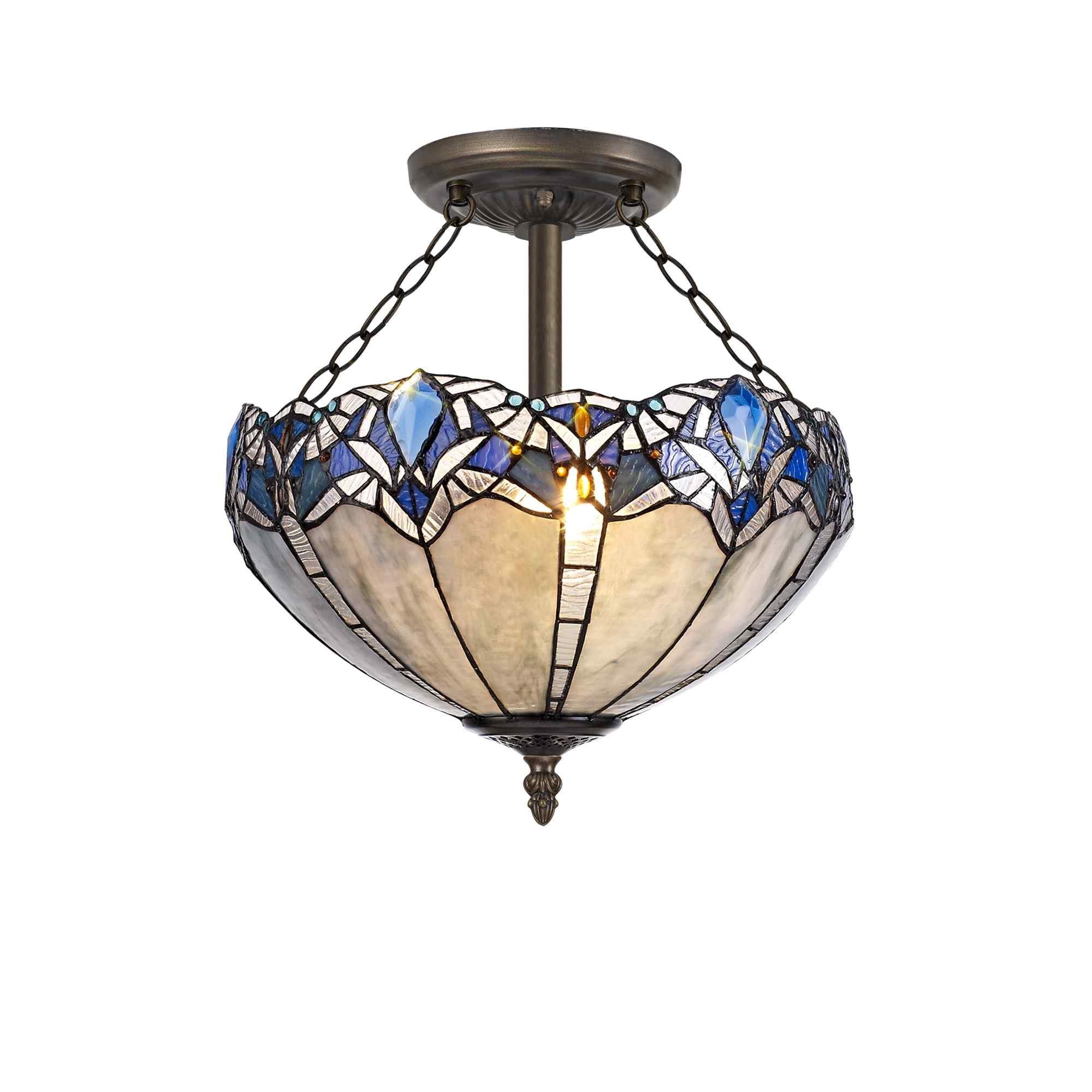 NLK01599 Ossie 3 Light Semi Ceiling With 40cm Tiffany Shade Blue/Clear Crystal/Aged Antique Brass
