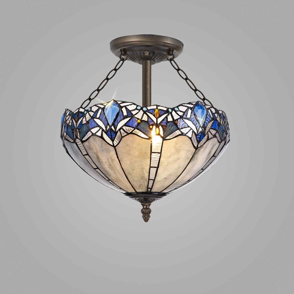 NLK01599 Ossie 3 Light Semi Ceiling With 40cm Tiffany Shade Blue/Clear Crystal/Aged Antique Brass