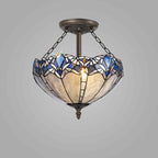 NLK01599 Ossie 3 Light Semi Ceiling With 40cm Tiffany Shade Blue/Clear Crystal/Aged Antique Brass