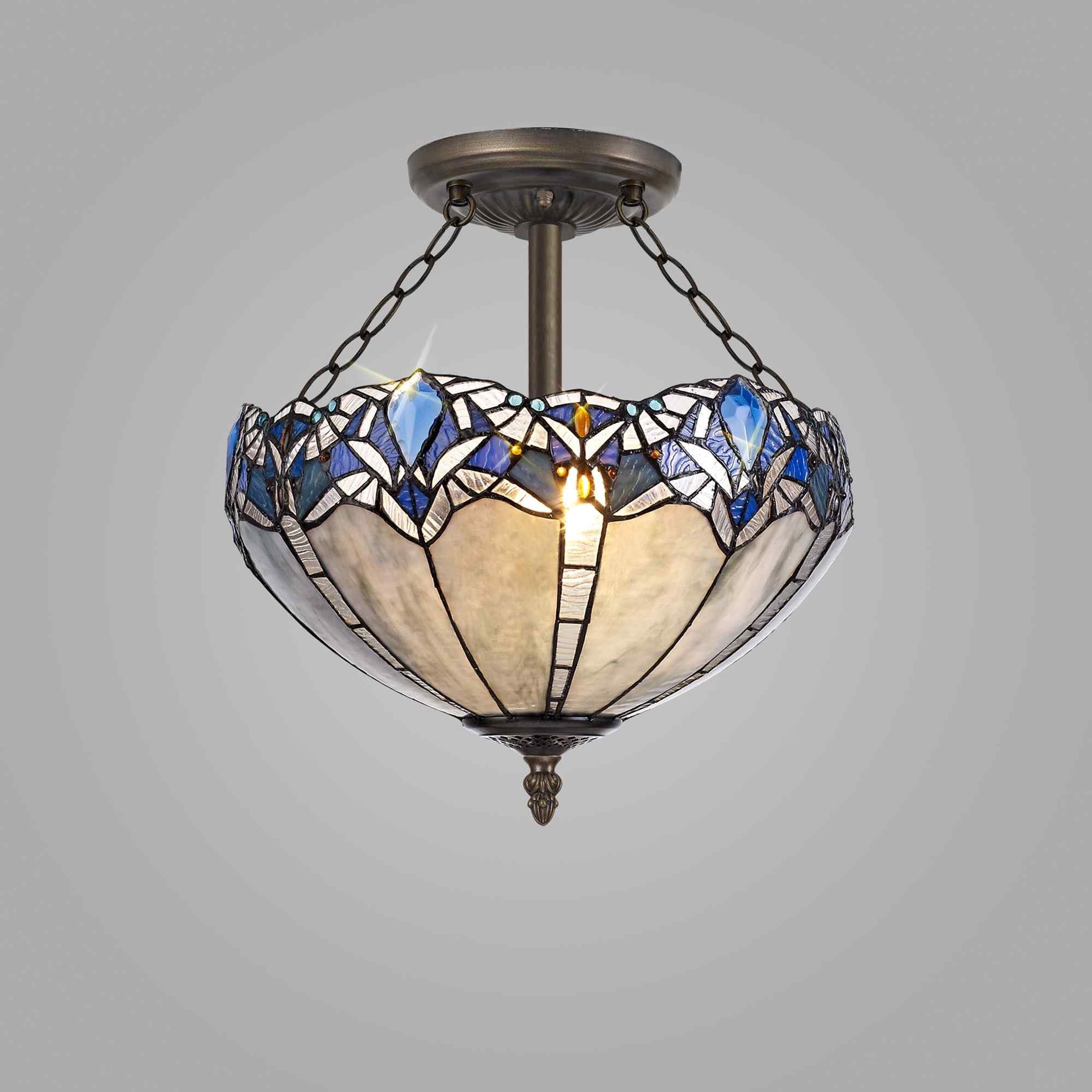 NLK01599 Ossie 3 Light Semi Ceiling With 40cm Tiffany Shade Blue/Clear Crystal/Aged Antique Brass