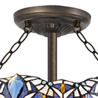NLK01599 Ossie 3 Light Semi Ceiling With 40cm Tiffany Shade Blue/Clear Crystal/Aged Antique Brass