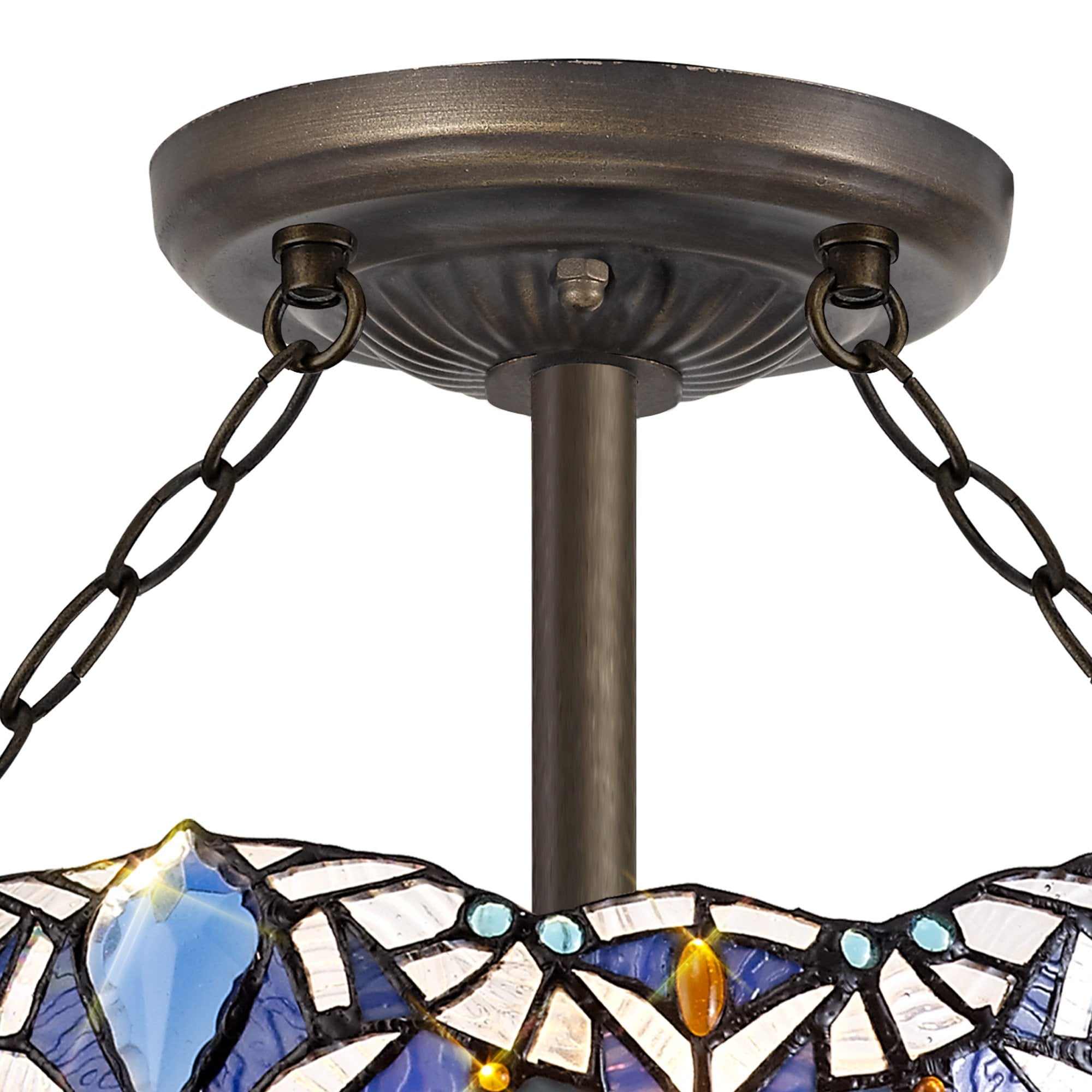 NLK01599 Ossie 3 Light Semi Ceiling With 40cm Tiffany Shade Blue/Clear Crystal/Aged Antique Brass