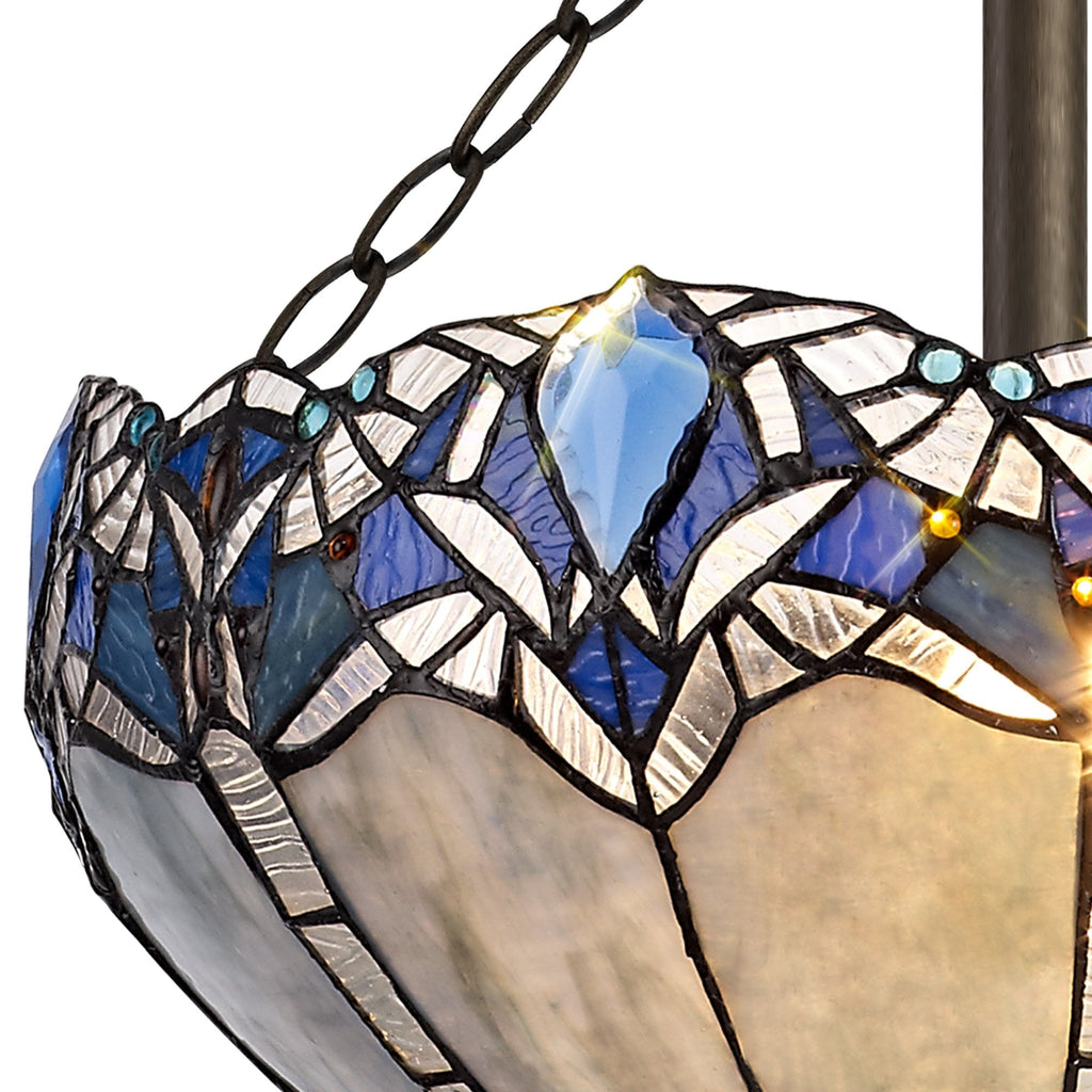 NLK01599 Ossie 3 Light Semi Ceiling With 40cm Tiffany Shade Blue/Clear Crystal/Aged Antique Brass