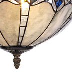 NLK01599 Ossie 3 Light Semi Ceiling With 40cm Tiffany Shade Blue/Clear Crystal/Aged Antique Brass