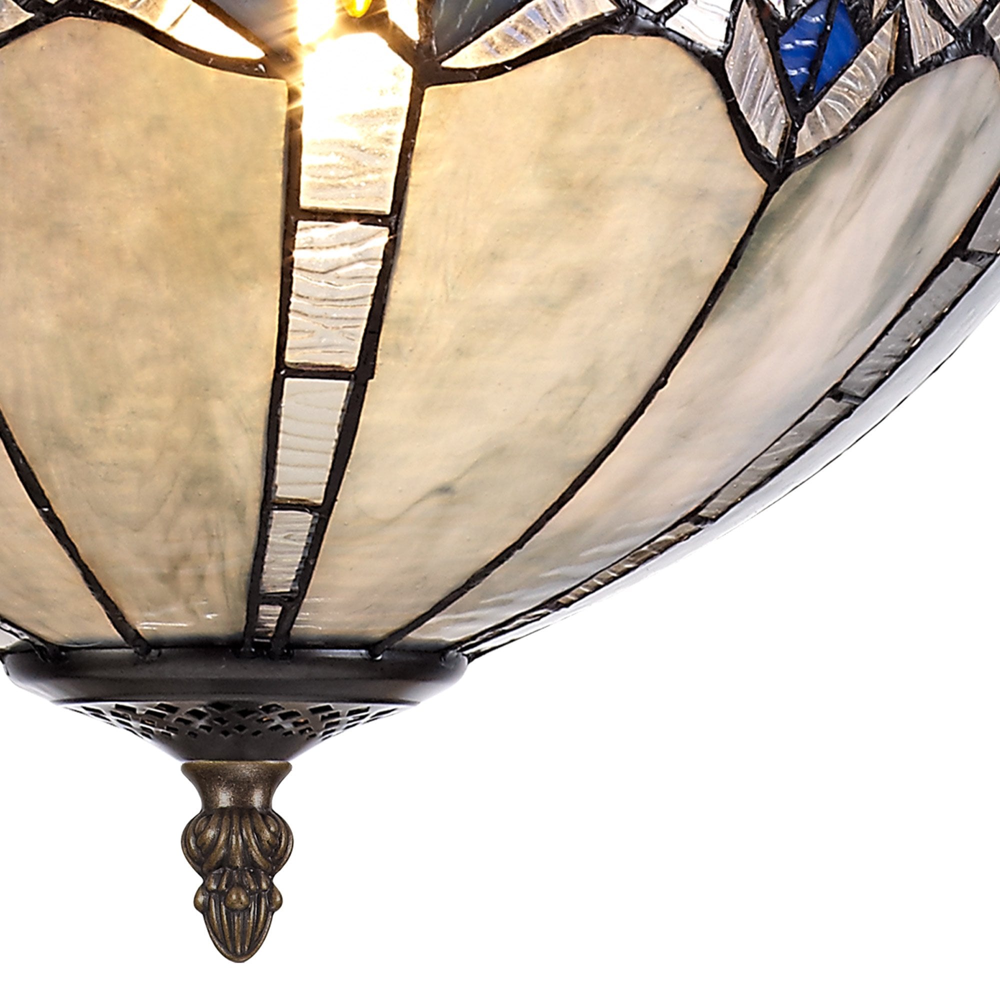 NLK01599 Ossie 3 Light Semi Ceiling With 40cm Tiffany Shade Blue/Clear Crystal/Aged Antique Brass