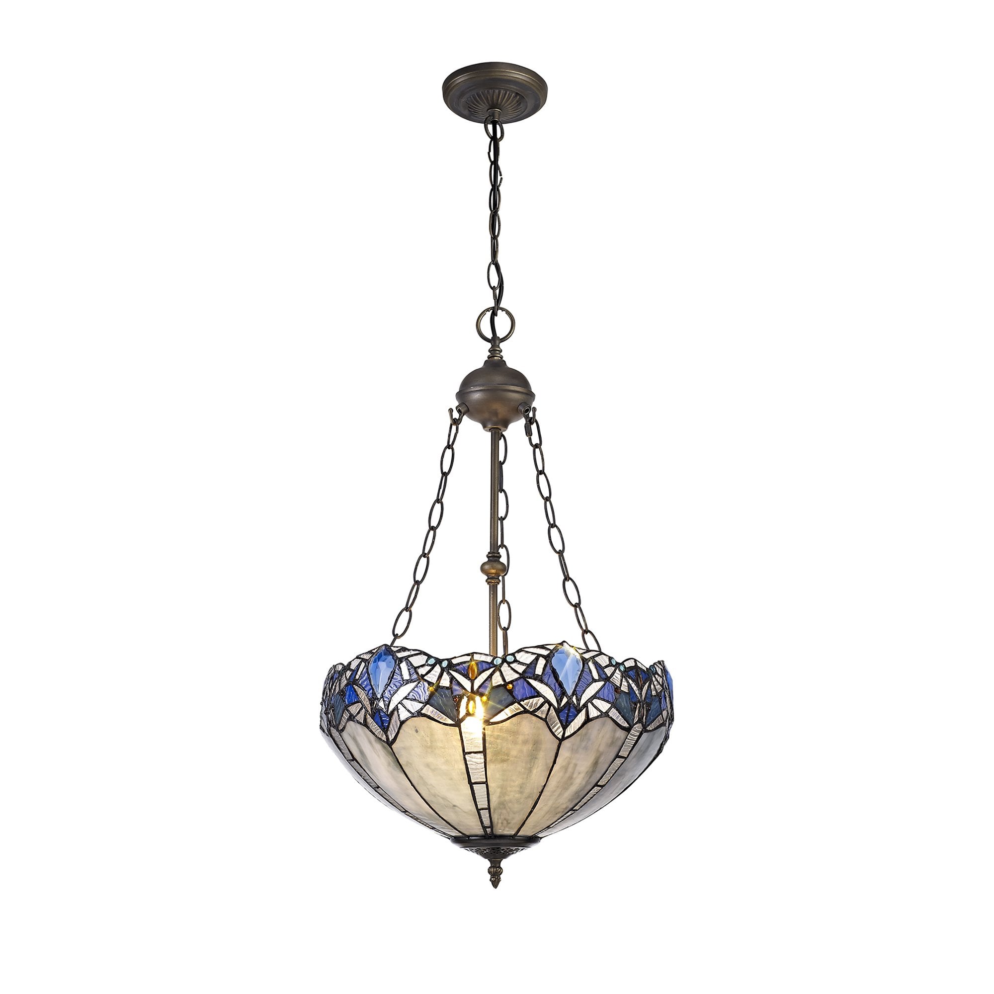 NLK01609 Ossie 2 Light Up Lighter Pendant With 40cm Tiffany Shade Blue/Clear Crystal/Aged Antique Brass