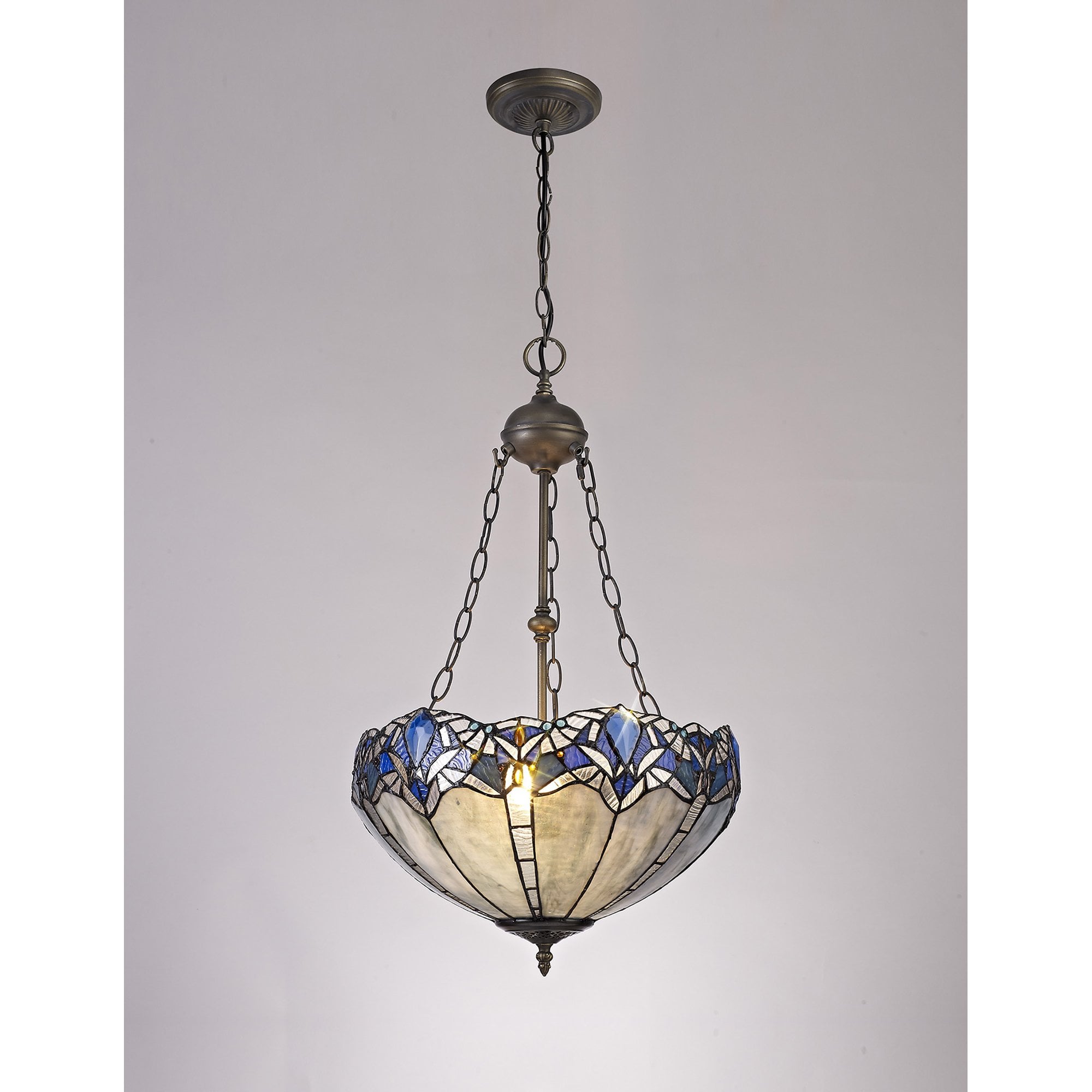 NLK01609 Ossie 2 Light Up Lighter Pendant With 40cm Tiffany Shade Blue/Clear Crystal/Aged Antique Brass