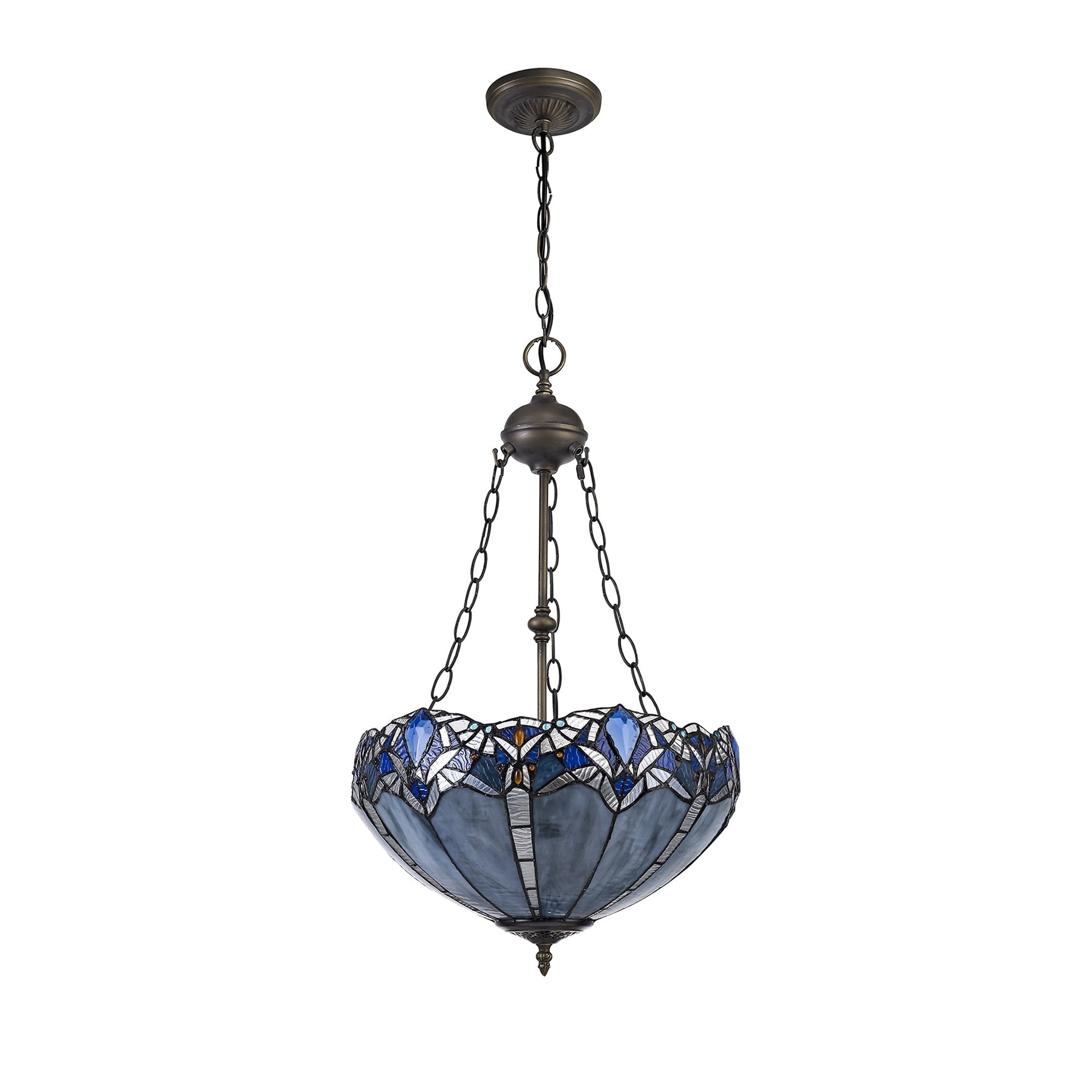NLK01609 Ossie 2 Light Up Lighter Pendant With 40cm Tiffany Shade Blue/Clear Crystal/Aged Antique Brass