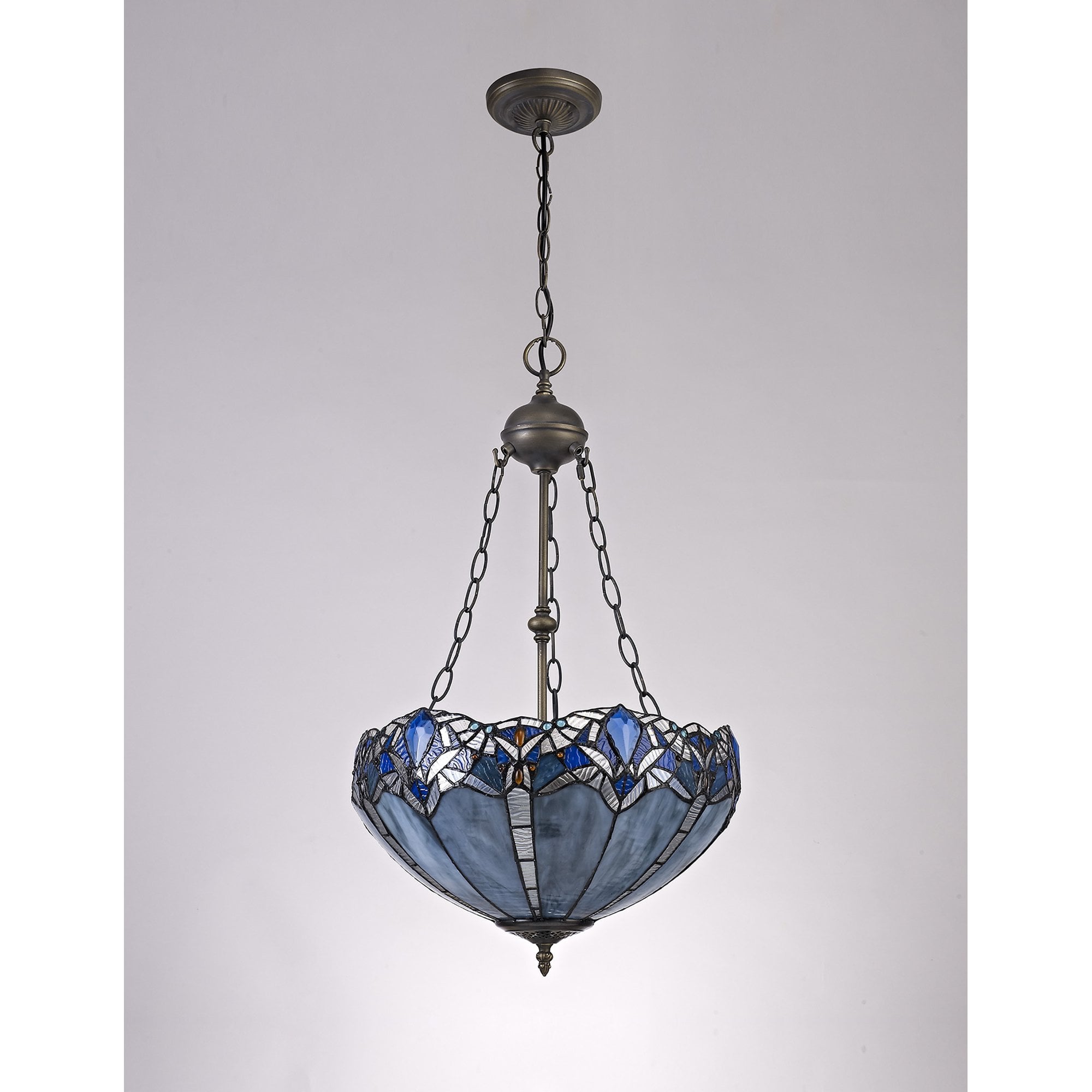 NLK01609 Ossie 2 Light Up Lighter Pendant With 40cm Tiffany Shade Blue/Clear Crystal/Aged Antique Brass