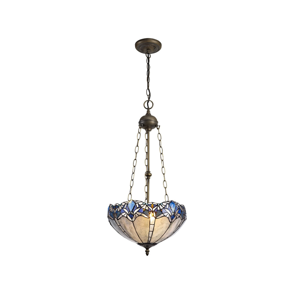 NLK01619 Ossie 3 Light Up Lighter Pendant With 40cm Tiffany Shade Blue/Clear Crystal/Aged Antique Brass
