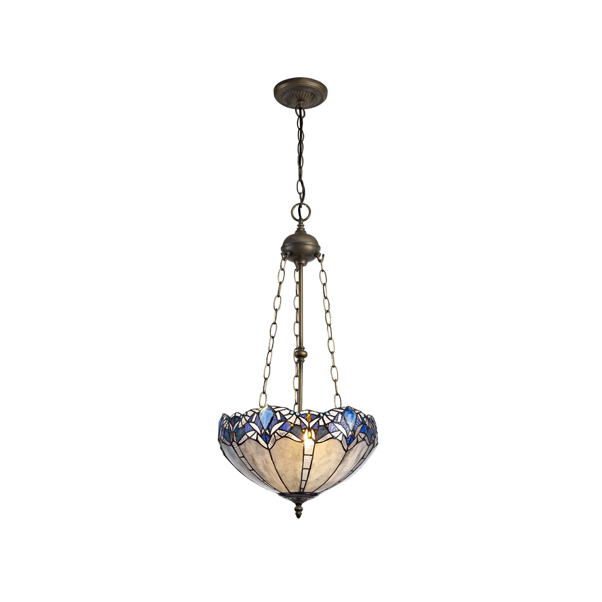 NLK01619 Ossie 3 Light Up Lighter Pendant With 40cm Tiffany Shade Blue/Clear Crystal/Aged Antique Brass