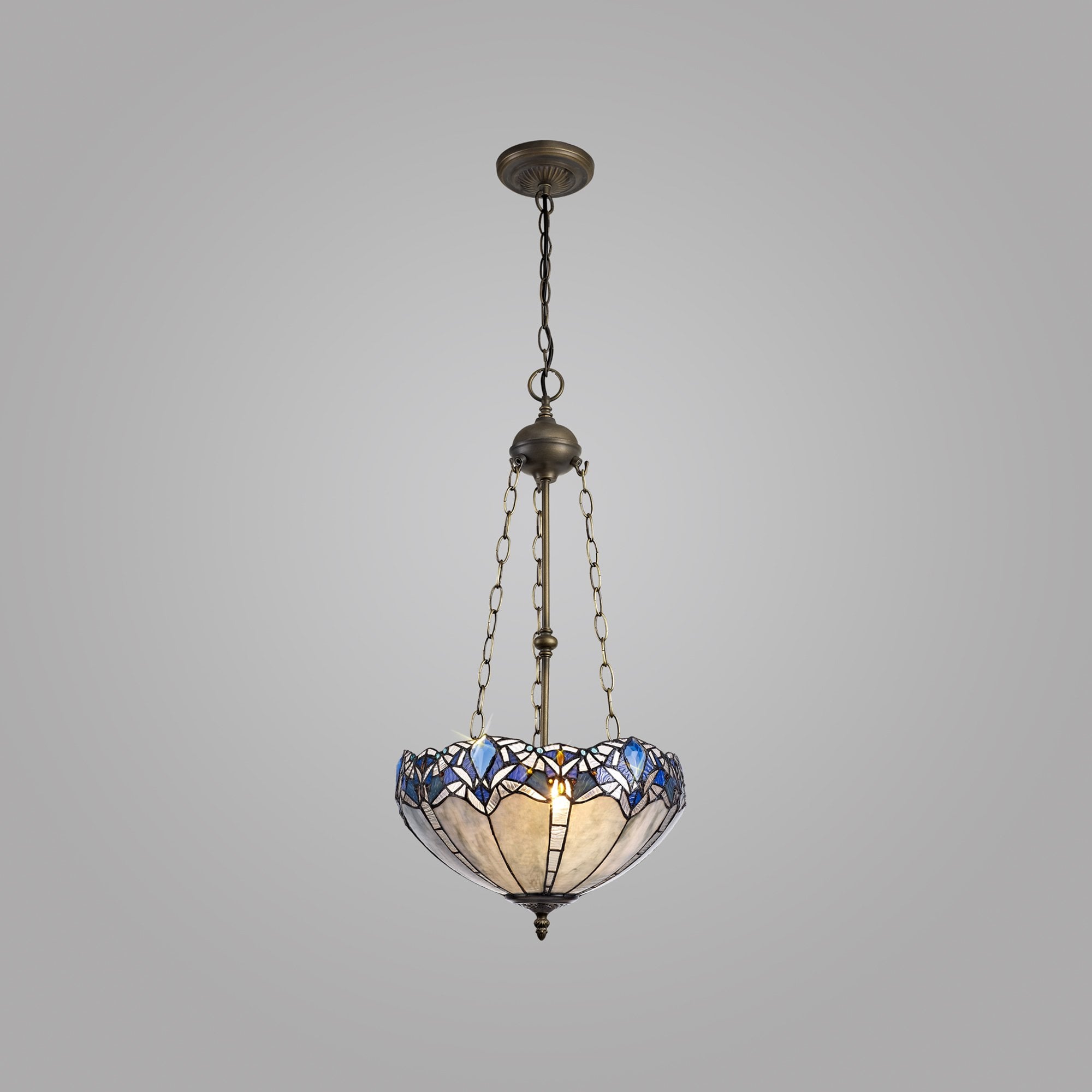 NLK01619 Ossie 3 Light Up Lighter Pendant With 40cm Tiffany Shade Blue/Clear Crystal/Aged Antique Brass