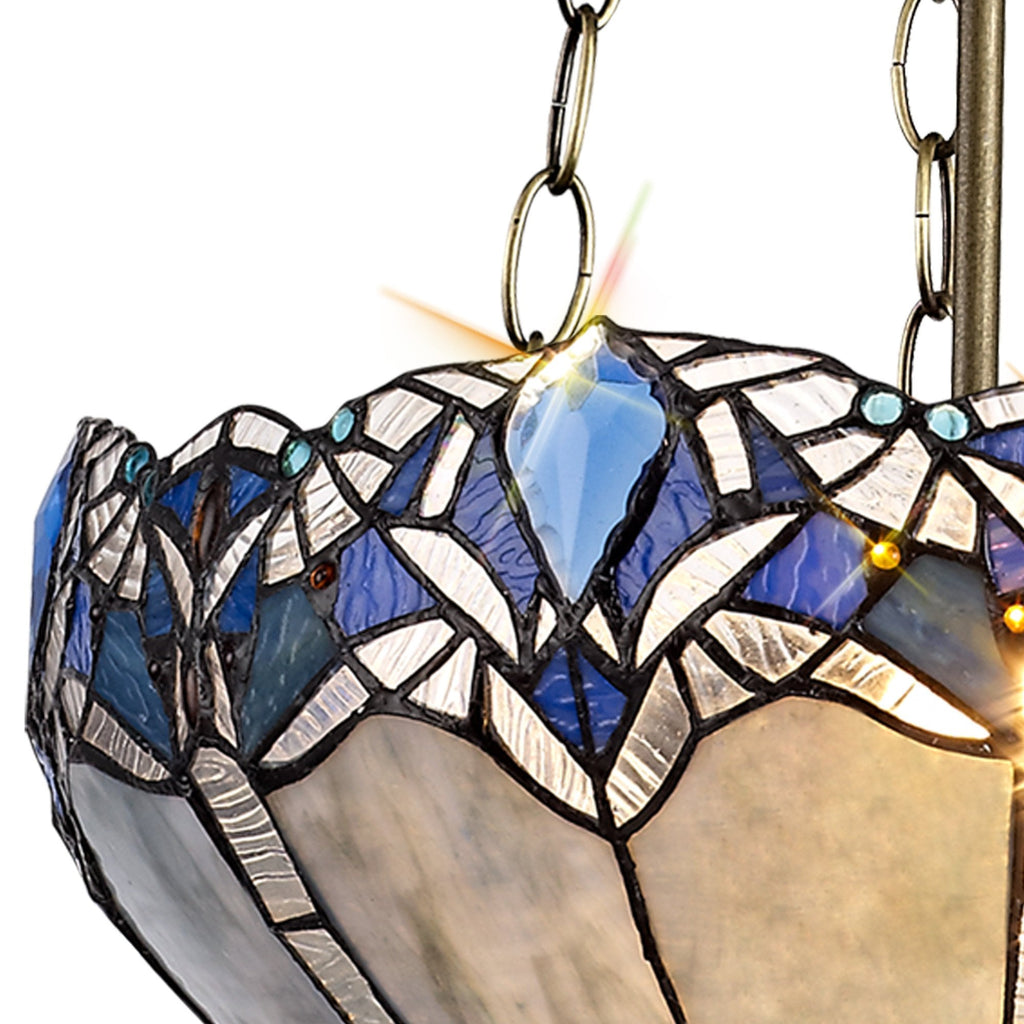 NLK01619 Ossie 3 Light Up Lighter Pendant With 40cm Tiffany Shade Blue/Clear Crystal/Aged Antique Brass