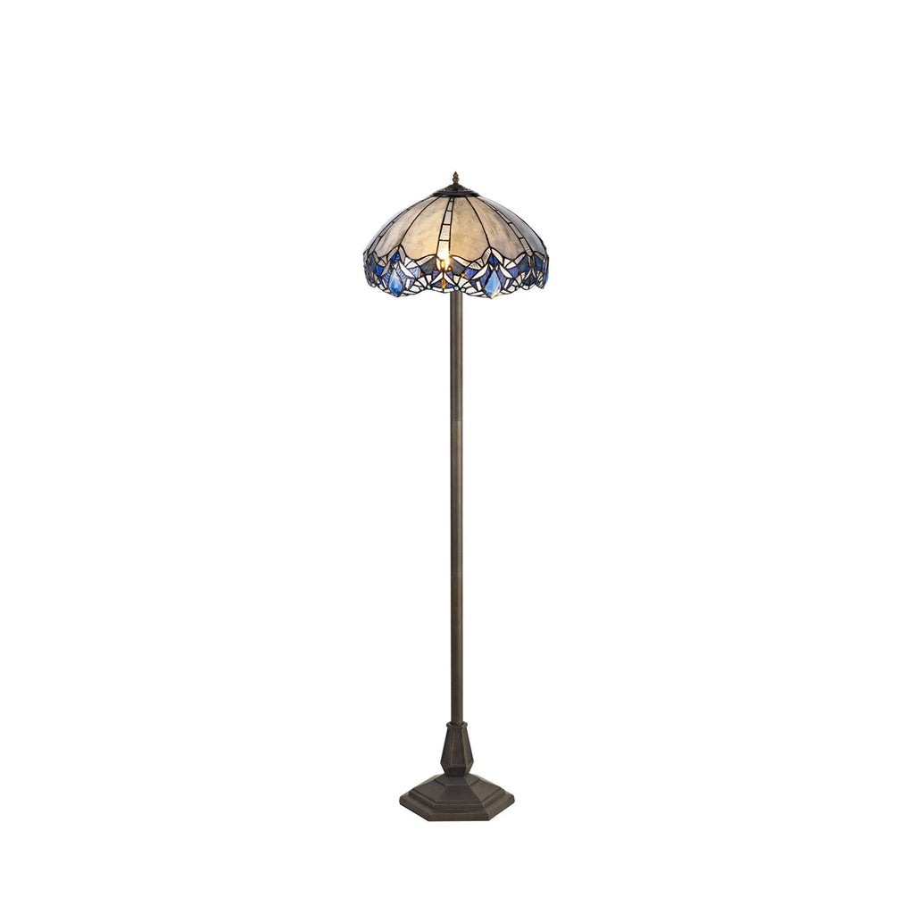 NLK01629 Ossie 2 Light Octagonal Floor Lamp With 40cm Tiffany Shade Blue/Clear Crystal/Aged Antique Brass