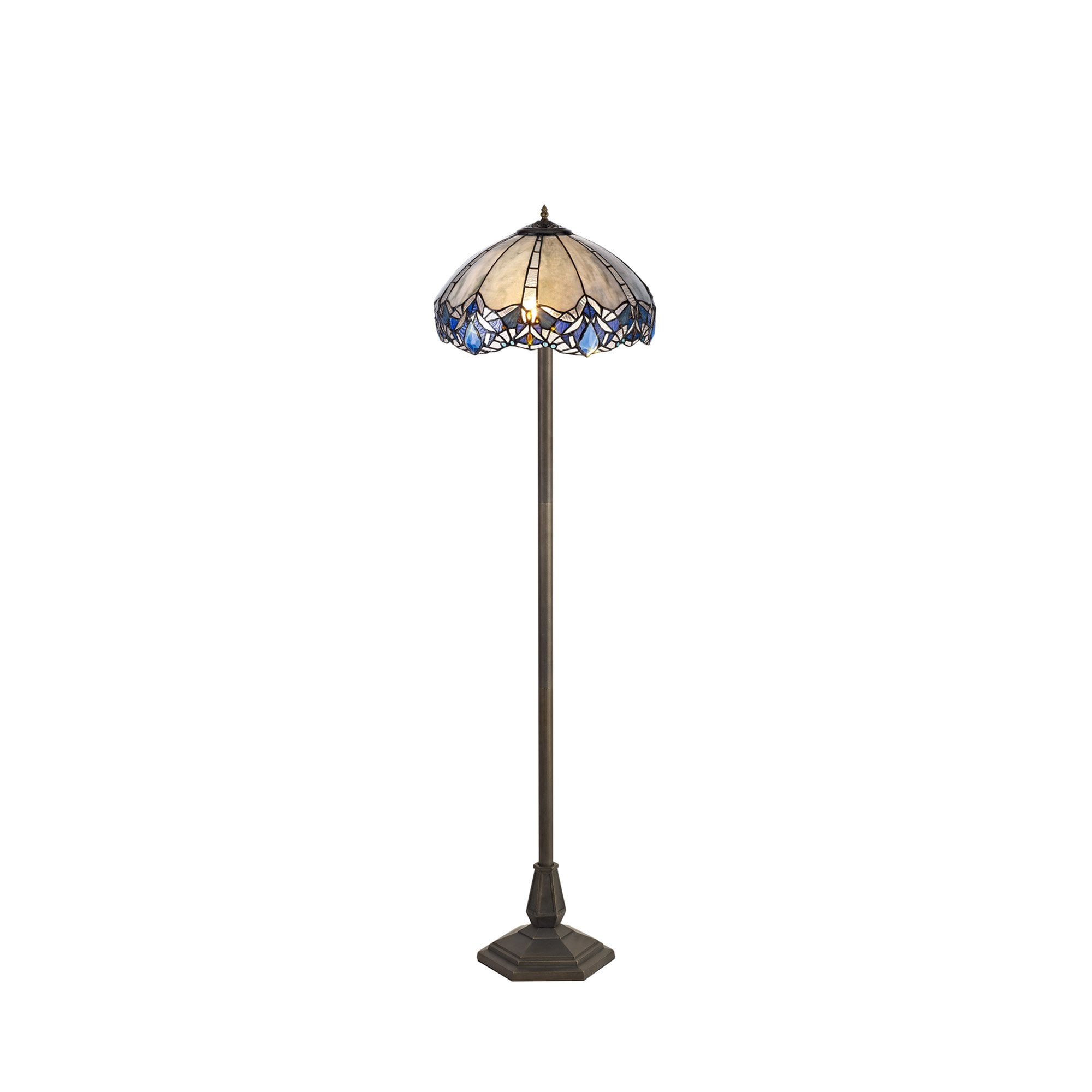 NLK01629 Ossie 2 Light Octagonal Floor Lamp With 40cm Tiffany Shade Blue/Clear Crystal/Aged Antique Brass