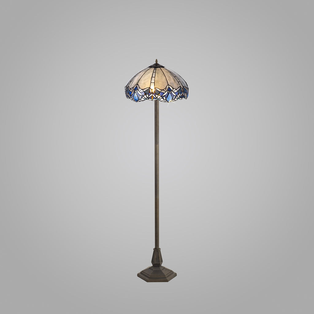 NLK01629 Ossie 2 Light Octagonal Floor Lamp With 40cm Tiffany Shade Blue/Clear Crystal/Aged Antique Brass