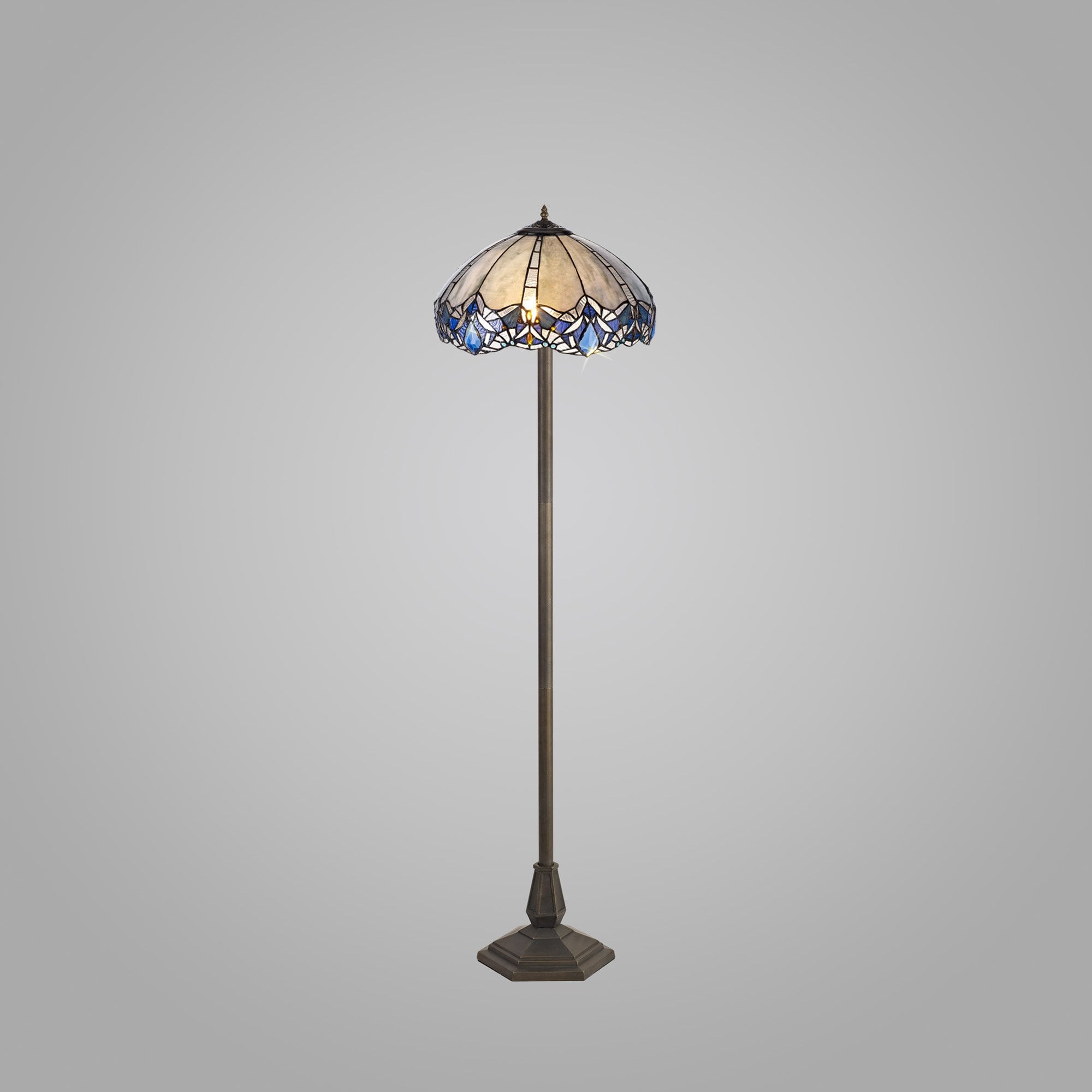 NLK01629 Ossie 2 Light Octagonal Floor Lamp With 40cm Tiffany Shade Blue/Clear Crystal/Aged Antique Brass